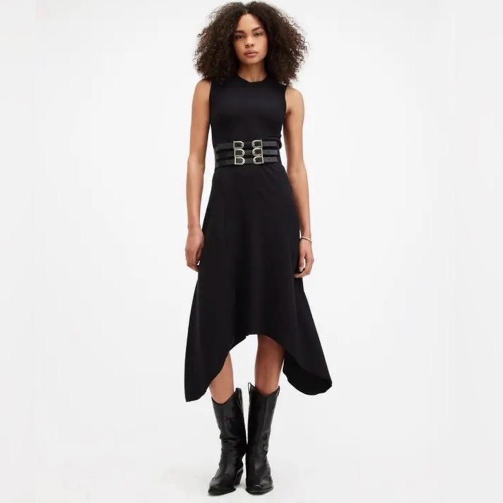 AllSaints Gia Ribbed Asymmetric Black Maxi Dress | Size 6 - Picture 2 of 6